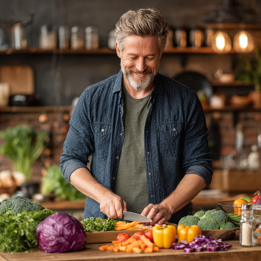 Confident man around 48 years old in kitchen preparing a healthy meal with colorful vegetables, wearing a casual shirt and smiling while chopping ingredients