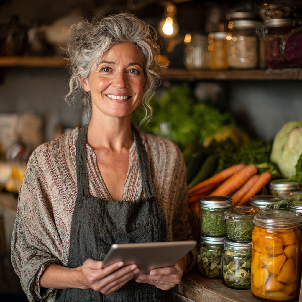Happy woman around 52 years old with tablet in hand, surrounded by fresh groceries and meal prep containers, smiling while following her personalized meal plan