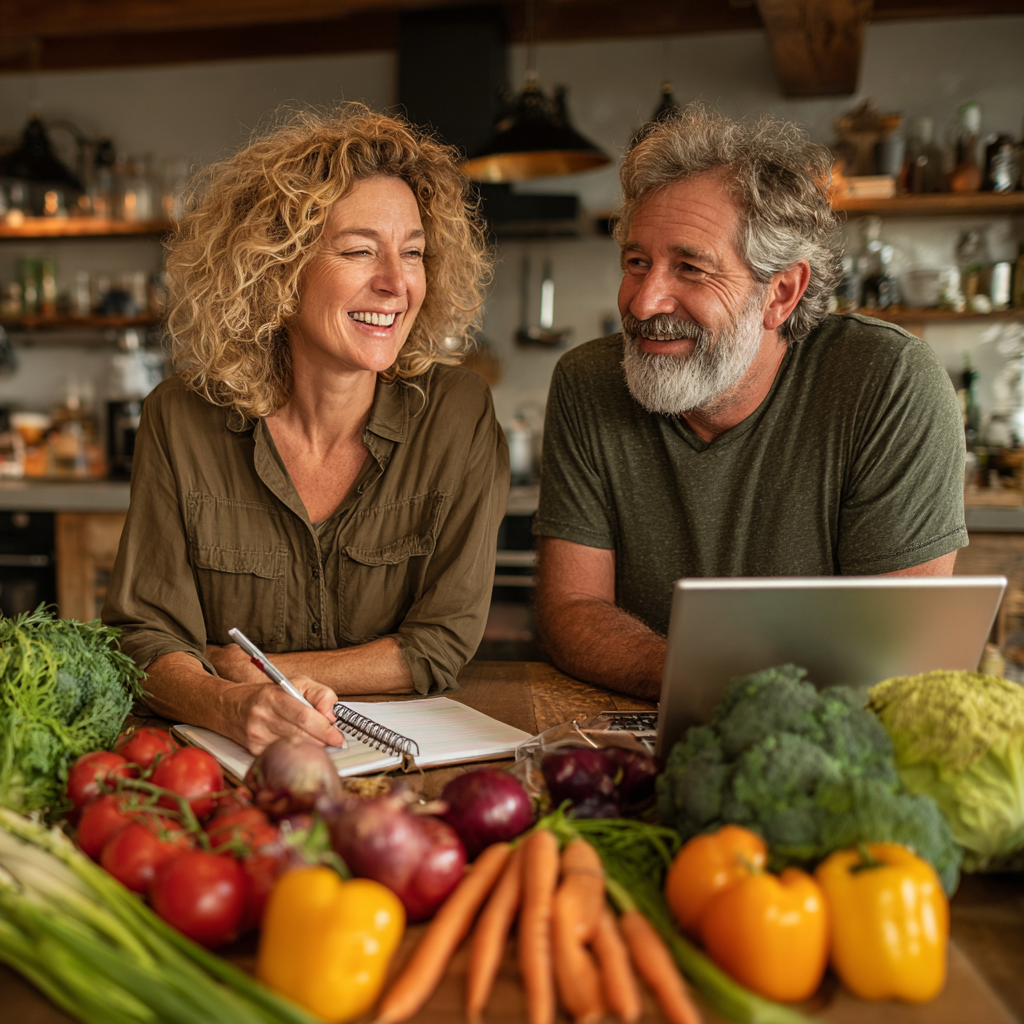 Middle-aged woman and man, both around 45-50 years old, sitting at a kitchen table with fresh vegetables and fruits, smiling while planning their weekly meals with notebooks and a tablet
